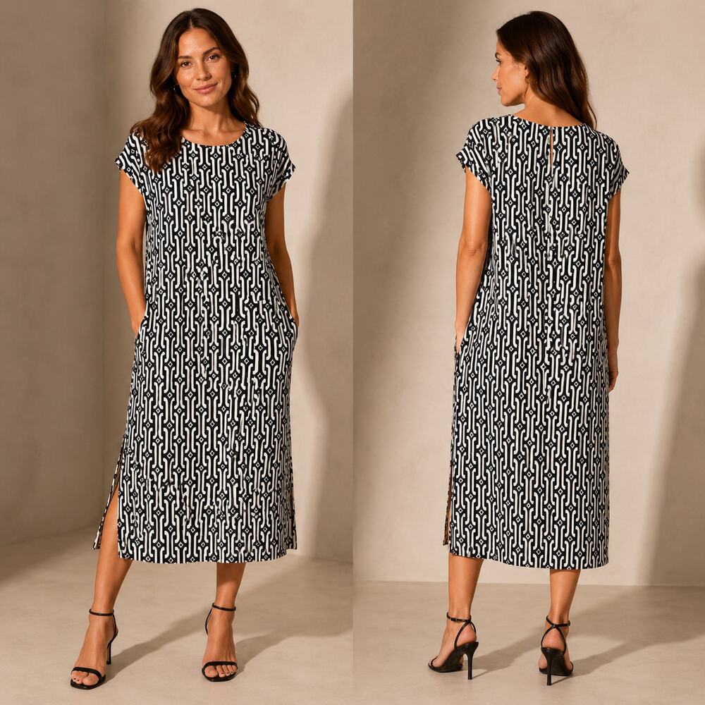 Boden Shift Dress Midi Geometric Print Black White Pockets 12P Office Careerwear